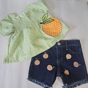2 Piece Set Green Gingham Peplum Top Jean Shorts Orange Fruit Fall Festival Fun‎